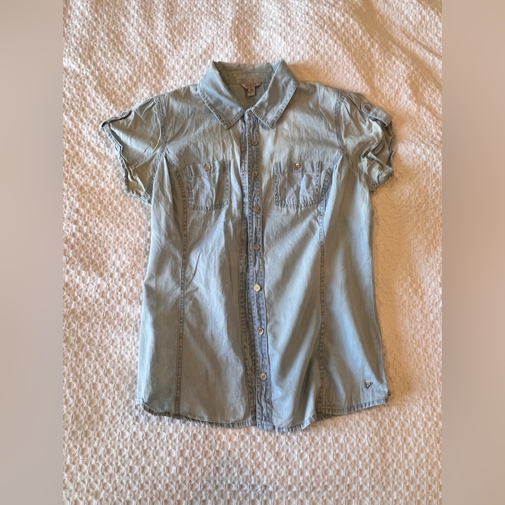 Guess Faded Chambray Button Down Blouse, Size M
